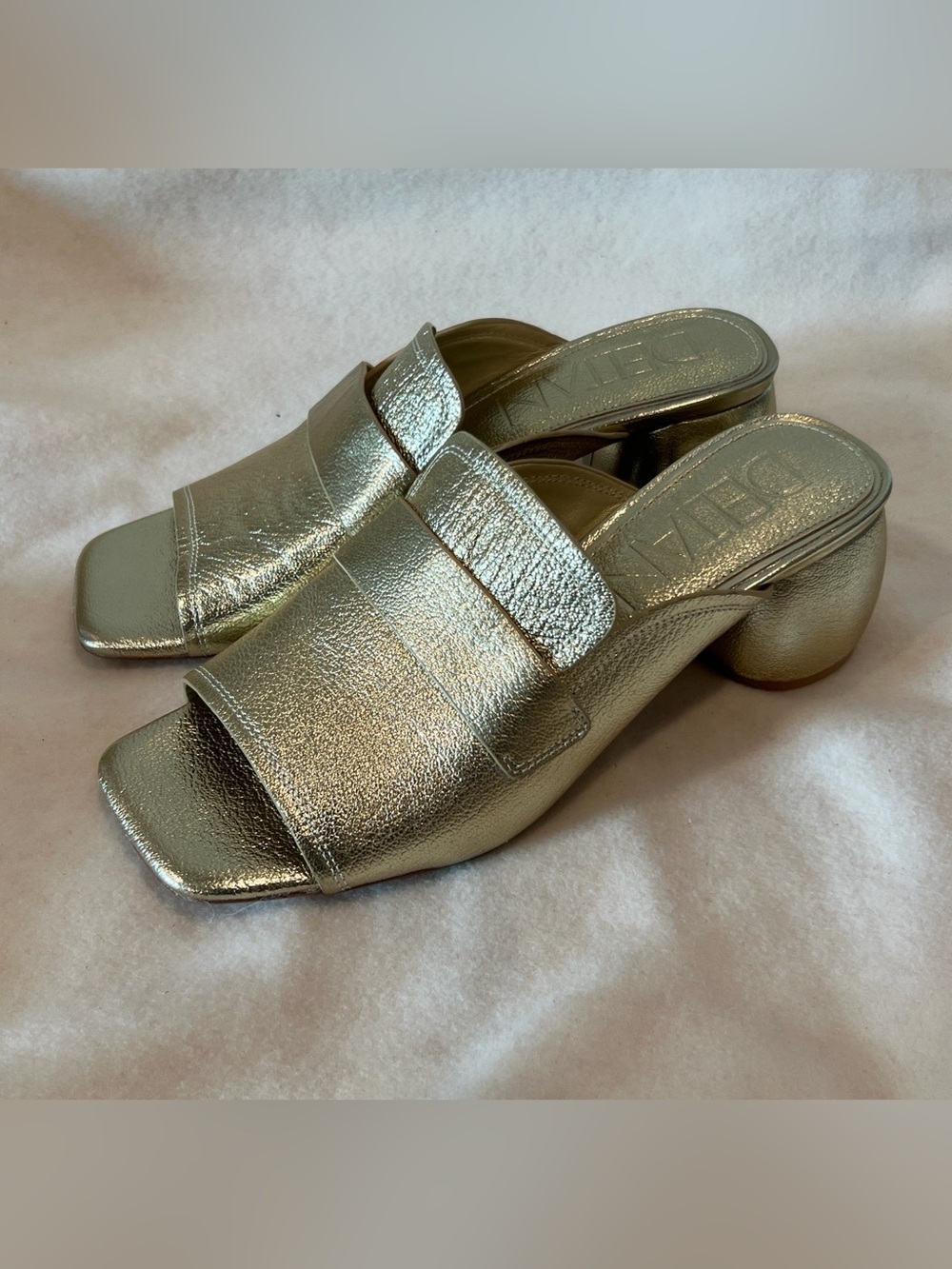 Gold Metallic Leather Slide Mules with Low Block Heel - Picture 2 of 12